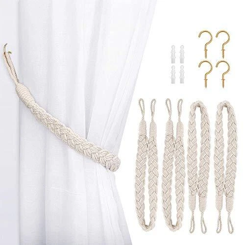 Curtain Rope Tiebacks - 4 Pieces, Handmade Cotton Drapery Holdbacks (Beige)n