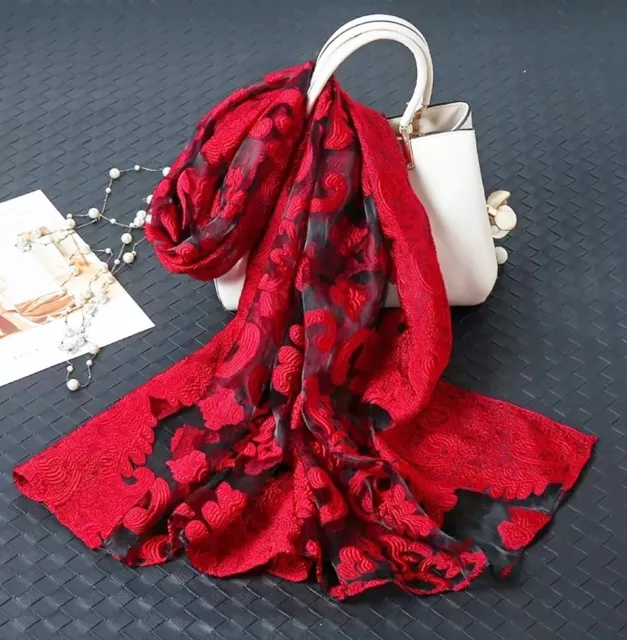 Ladies Red Black Dressy Design  Embroidered Long Sheer Neck Bag  Scarf Shawl