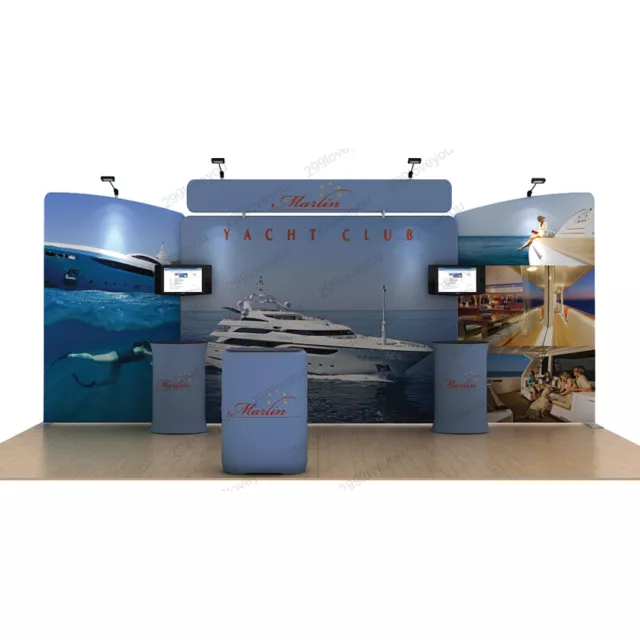 20ft Custom Trade Show Displays Booth Kit with Podium Monitor Mount Lights