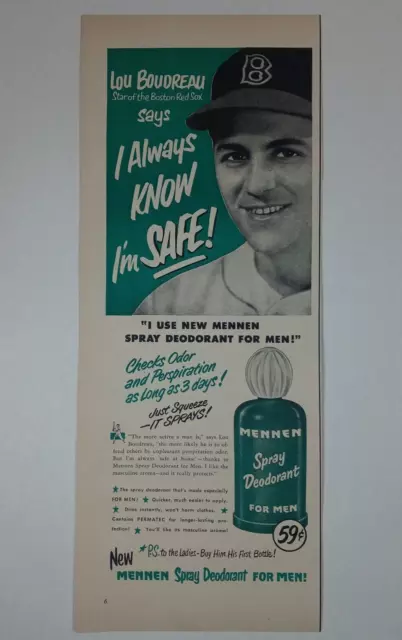 1950's MENNEN Spray Deodorant Baseball Lou Boudreau Red Sox Green Vtg Print Ad