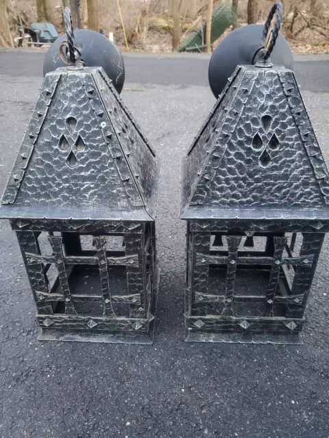 Vintage Pair Outdoor Porch Wall Lights Hammered Metal Gothic Tudor Arts Craft