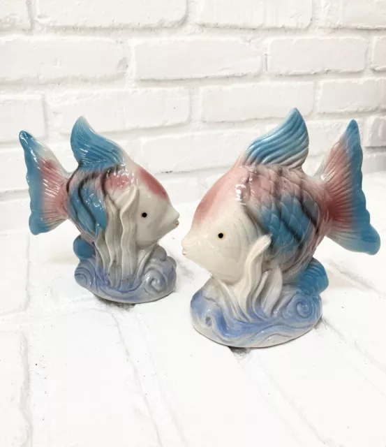 Vtg Set Pair Napco Glazed Ceramic Blue Pink Fish Japan MCM Beach Summer Decor