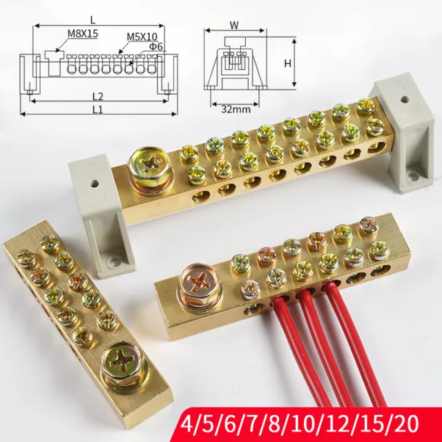 12x18mm 5-20 Way/Hole Metal Strip Block Neutral Earth Line Terminal Connector