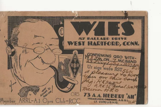 1939  W1ES  West Hartford Conn. Gil cartoon     QSL Radio card