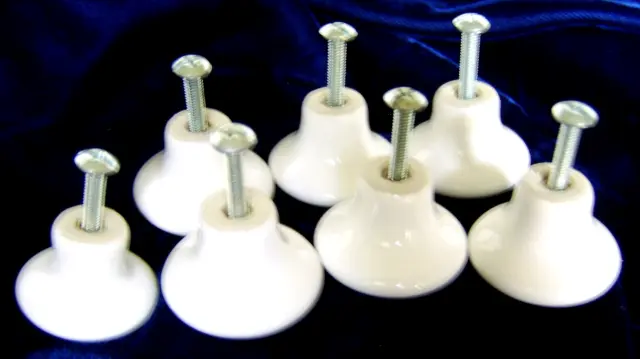 Lot of 7 Vintage White Ceramic Porcelain Cabinet Drawer Knobs Round Pulls