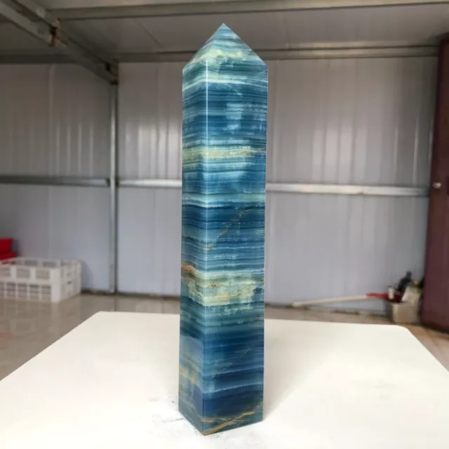 534g Natural Blue Lux Quartz Crystal Obelisk Wand Point mineral Healing F543