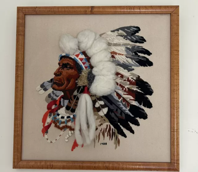 Native American Indian Chief Wall Art 3D Finished Sunset Needlepoint Framed