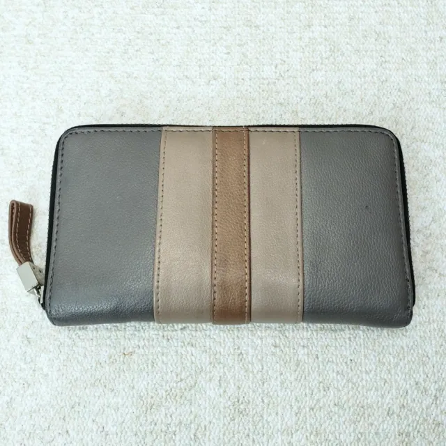 PERLINA New York Leather Zip Around Clutch Wallet Gray, Tan, Brown, Handbag EUC