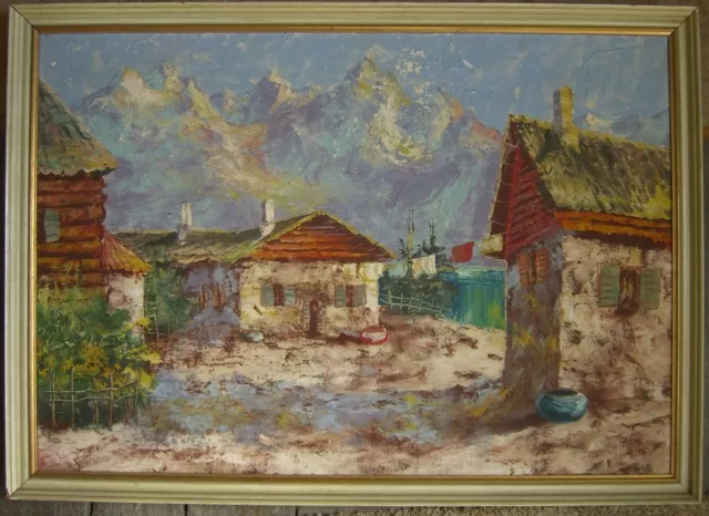 Pintura Al Óleo Expresionista° Pueblo Südlichen Alpes Casas ° Antiguo Marco Öl