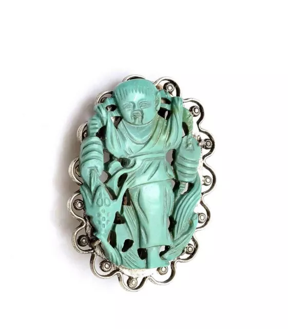 1930's Chinese Solid Silver Turquoise Carved Carving Boy Figure Pin Brooch Clip