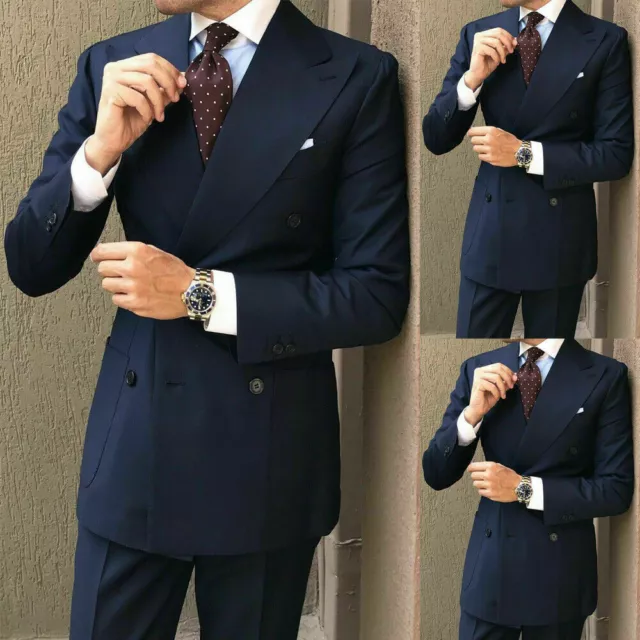 Wide Lapel Peak Navy Blue Tuxedos Men's Wedding Party Formal Prom Groom Suits