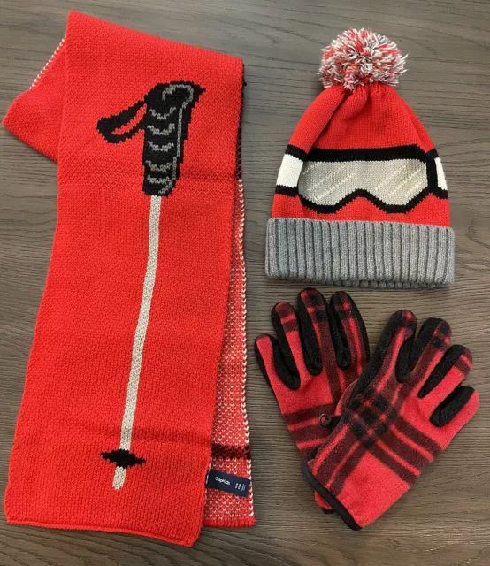 Boys GAP Kids Winter Scarf Hat Gloves Set Size Small/Medium (4-7 Yrs) Ski Theme