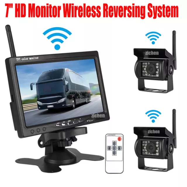 7" Monitor + 2x Wireless Rear View Backup Camera for 12-24V RV Truck Bus Caravan