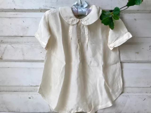 VTG Silk Baby Outfit Romper Off White Tucks Embroidery Unisex Victorian Clothing