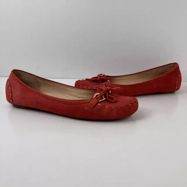 Kate Spade Women's 7.5M Moc Loafer Flats Red Suede Slip On Horseshoe Bow Accent