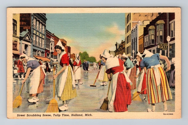 Holland MI-Michigan, Scrubbing the Streets, Tulip Time, Antique Vintage Postcard