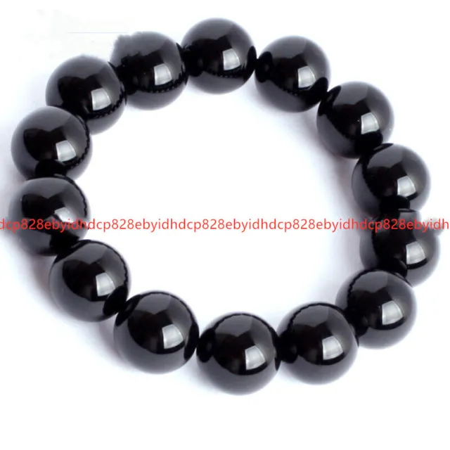 14mm Natural Black Agate Onyx Gemstone Beads Men Jewelry Bracelet Bangle 7.5''