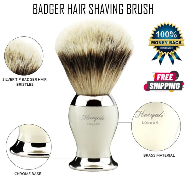 Brass Handle Shaving Brush Silver Tip Badger Hair with Chrome Base HARYALI