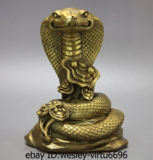 China Folk Pure Brass Copper Fengshui Wealth Lucky Zodiac Fu Cobra Snake Statue