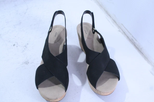Clarks Womens Annadel Eirwyn Wedge Sandal Black Nubuck 11 Wide Lightweight
