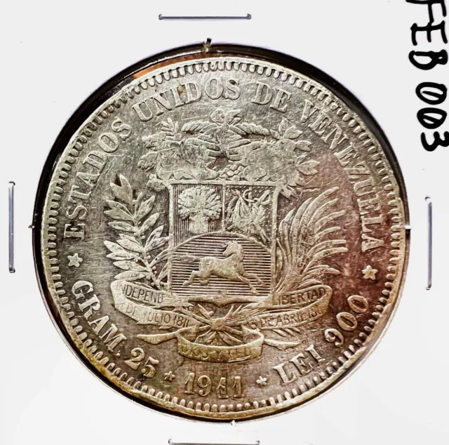 Venezuela 5 Bolivares 1911 90% Silver Coin Crown Key Bolivar Horse Stallion