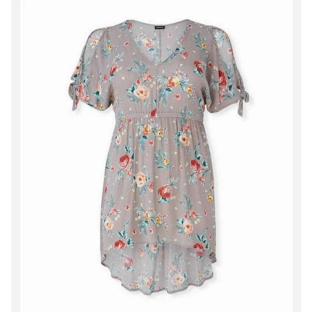 Torrid Babydoll Tunic Top Taupe Floral Gauze Cold Shoulder Hi-Lo Size 00