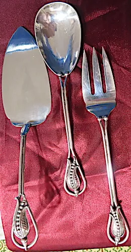 Carl Poul Petersen Hand Made Sterling Serving Cake Knife & Serving Fork & Spoon
