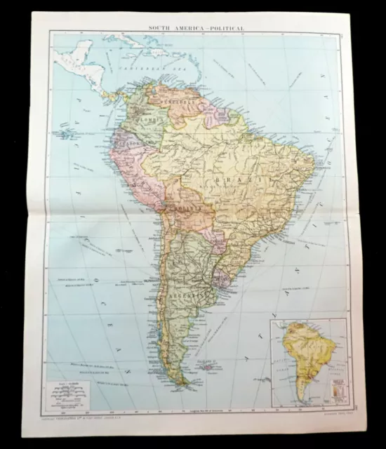 Map of South America Political Geography Borders Post WW1 Antique Large 1919