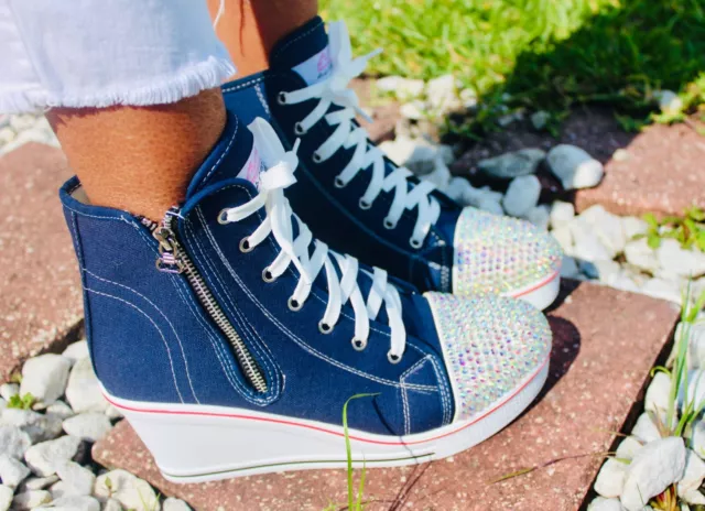 Women's Navy Blue Canvas Wedge High Top High Heel Party Platform Sneaker Shoes