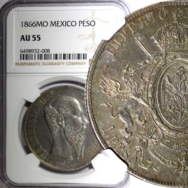 Mexico EMPIRE OF MAXIMILIAN Silver 1866 Mo Peso NGC AU55 37mm KM# 388.1 (8)