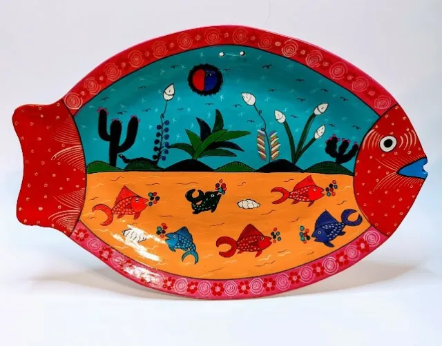 Mexican Folk Art Clay Pottery Hand Painted Fish Shaped Plate Wall Hanging