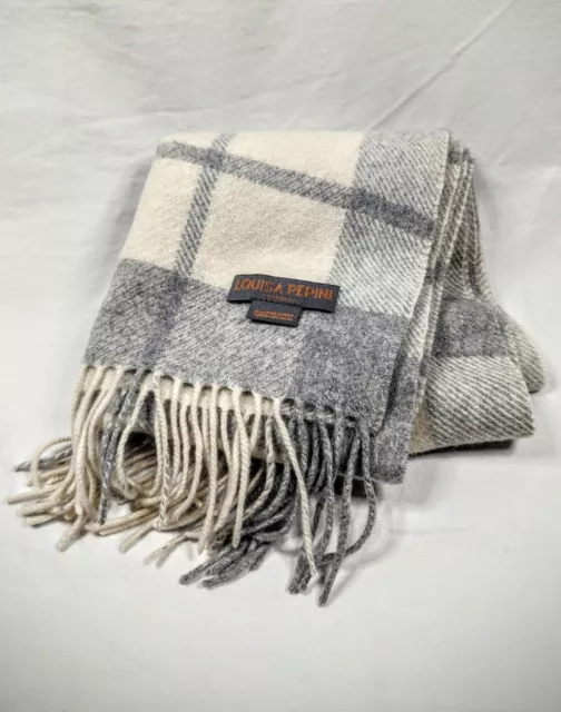 Louisa Perini Scarf 100% Cashmere Gray White Plaid 60"x12" Soft Warm Wrap Fringe