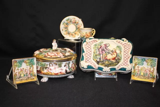 7pc Vinatge Capodimonte CHERUB PUTTI ANGELS Mixed Lot: Cup +Saucer, Boxes, Trays