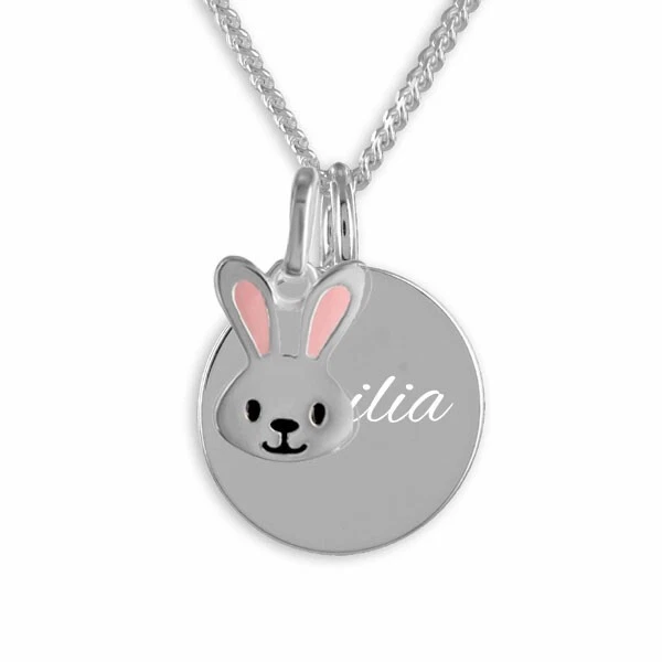 Kinderkette, Gravurplatte mit Hase, 925er Sterling Silber, persönliche Gravur