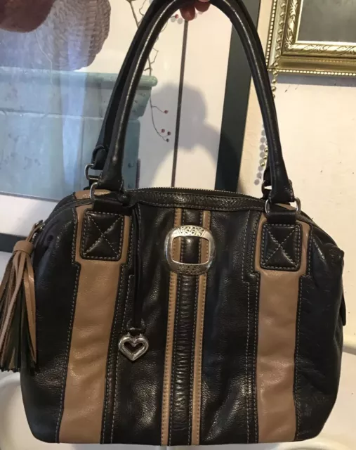 BRIGHTON MAUDE Leather Tasseled 2 toned MGPPB zip  bowler Satchel Purse Handbag