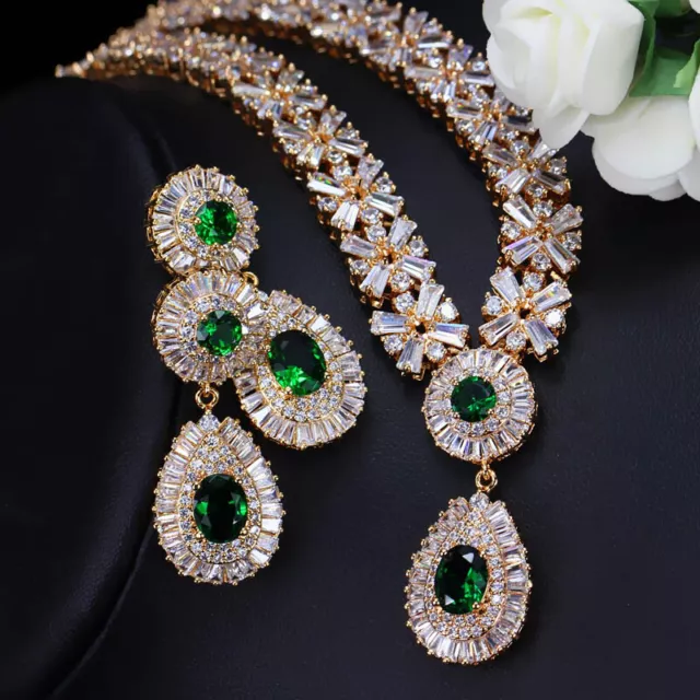 Luxus Braut Grün CZ Kristall Hochzeit Gelbgold Plattiert Halskette Ohrringe Sets