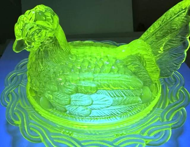 Mosser Glass Hen On Nest 6.5" Vaseline GLOWS Covered Dish Uranium