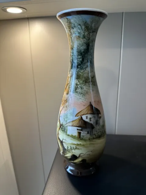 Pintado A Mano Hand Painted Pottery Vase Spain 1970s Traditional Scenic Vase