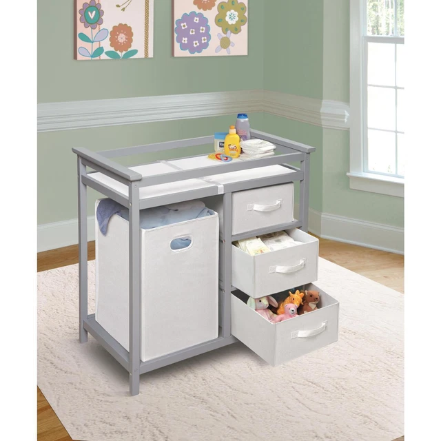 Gray Changing Table With Laundry Hamper & Storage Baskets Railed Nappy Station