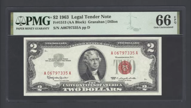 United States-Legal Tender Note 2 Dollars 1963 Fr#1513 (AA Block) UNC Grade 66