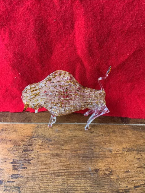Vintage Hand Blown Crystal Clear Amber Glass Buffalo Bison Animal Figure