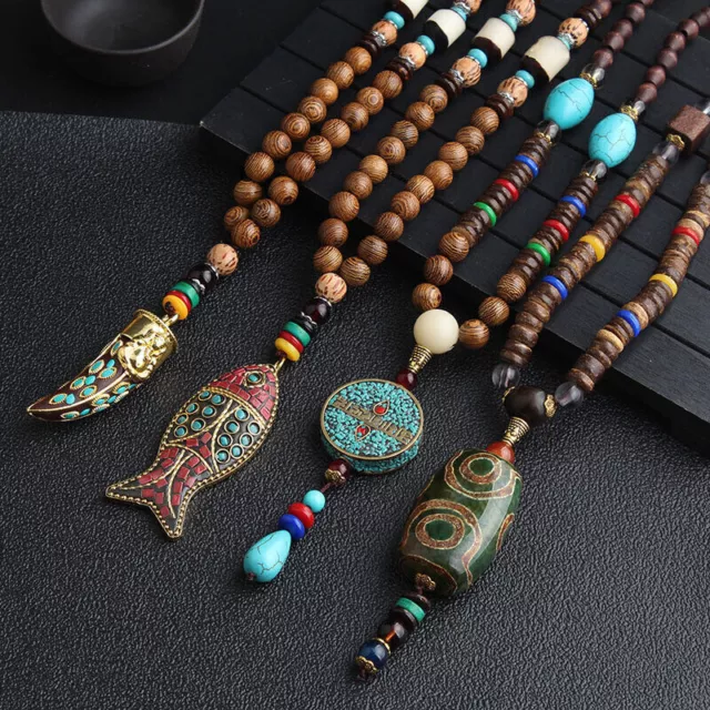 Vintage Wooden Beaded Pendant Necklace Long Sweater Chain Boho Carved Jewelry