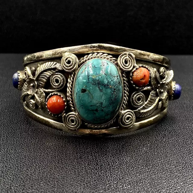 Old Pawn Navajo Sterling Silver Turquoise Coral Cuff Bracelet Feathers -Lapis