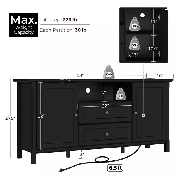 Black TV Stand with Drawers for 65 In TV, Entertainment Center with Power Outlet