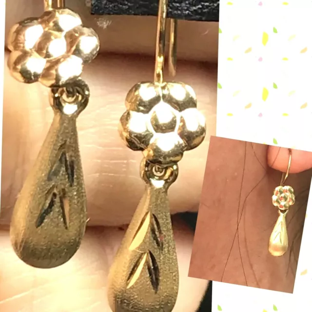 GOLd 14k Earring tear Drop tearDrop Dangle Long flower GiFt her chandelier 1"