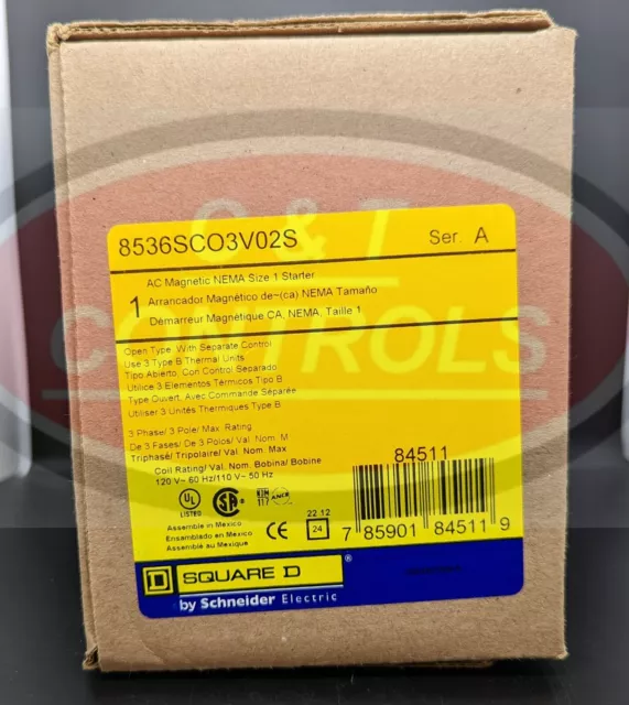 Square D 8536SCO3V02S NEMA Size 1 120V Starter Open NEW IN BOX