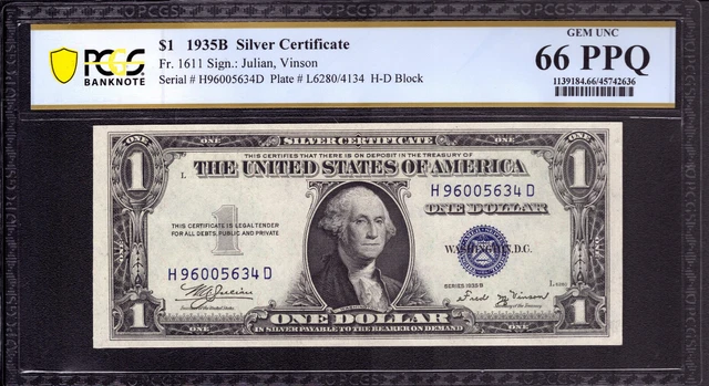 1935 B $1 Silver Certificate Note Fr.1611 Hd Block Pcgs B  Gem Unc 66 Epq (634D)