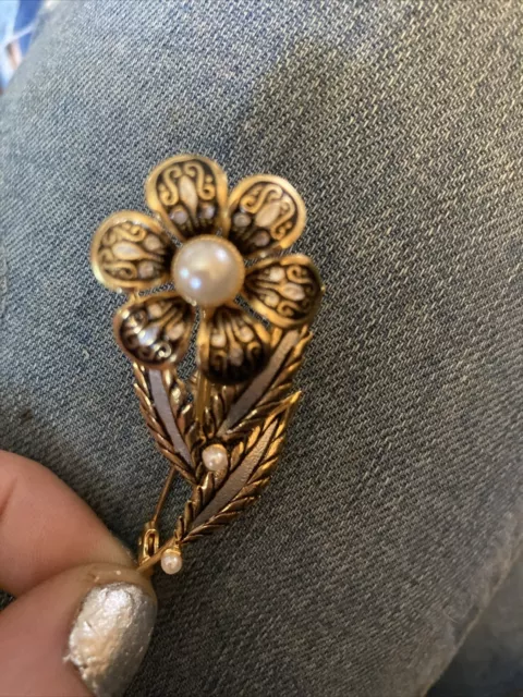 Vintage Brooch Damascene Flower Faux Pearl Gold and Silver Tone Unsigned Pin