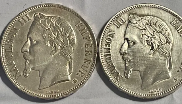 lot de 2 pièces de 5 francs de Napoleon III en argent de 1868-1870