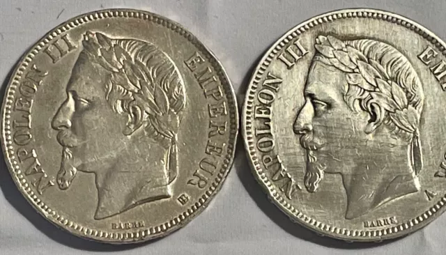 lot de 2 pièces de 5 francs de Napoleon III en argent de 1868-1870